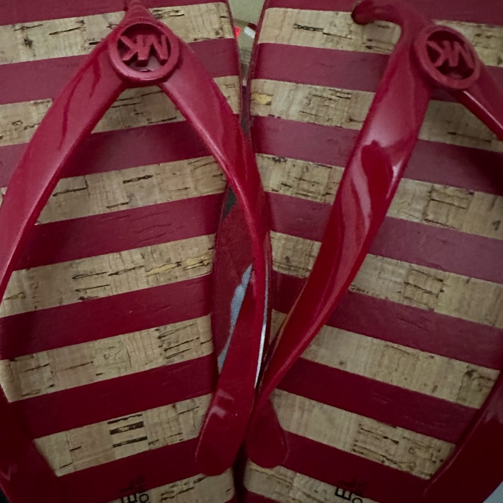 Michael Kors Red and Natural Striped Flip Flops